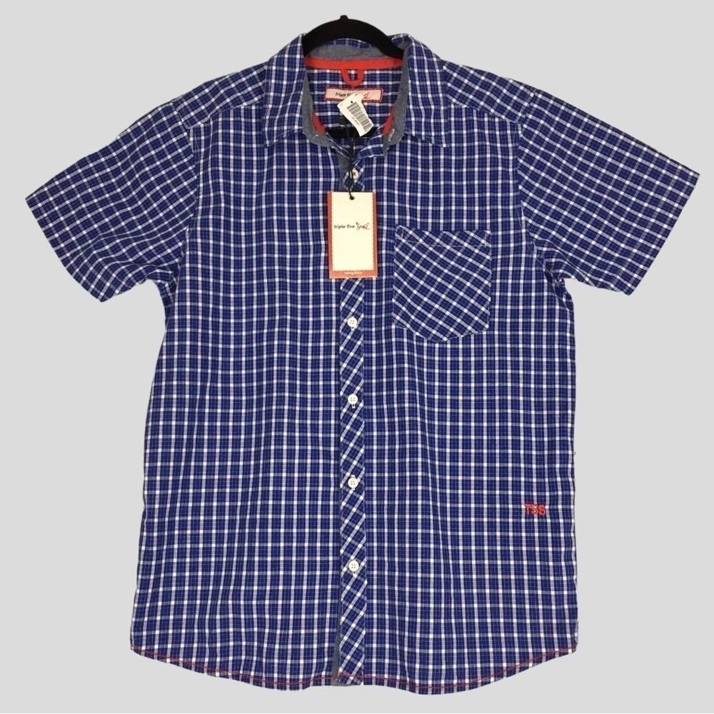 NEW Triple Five Soul Shirt Mens Large Short Sleeve Blue Checker 100% Cotton NWT